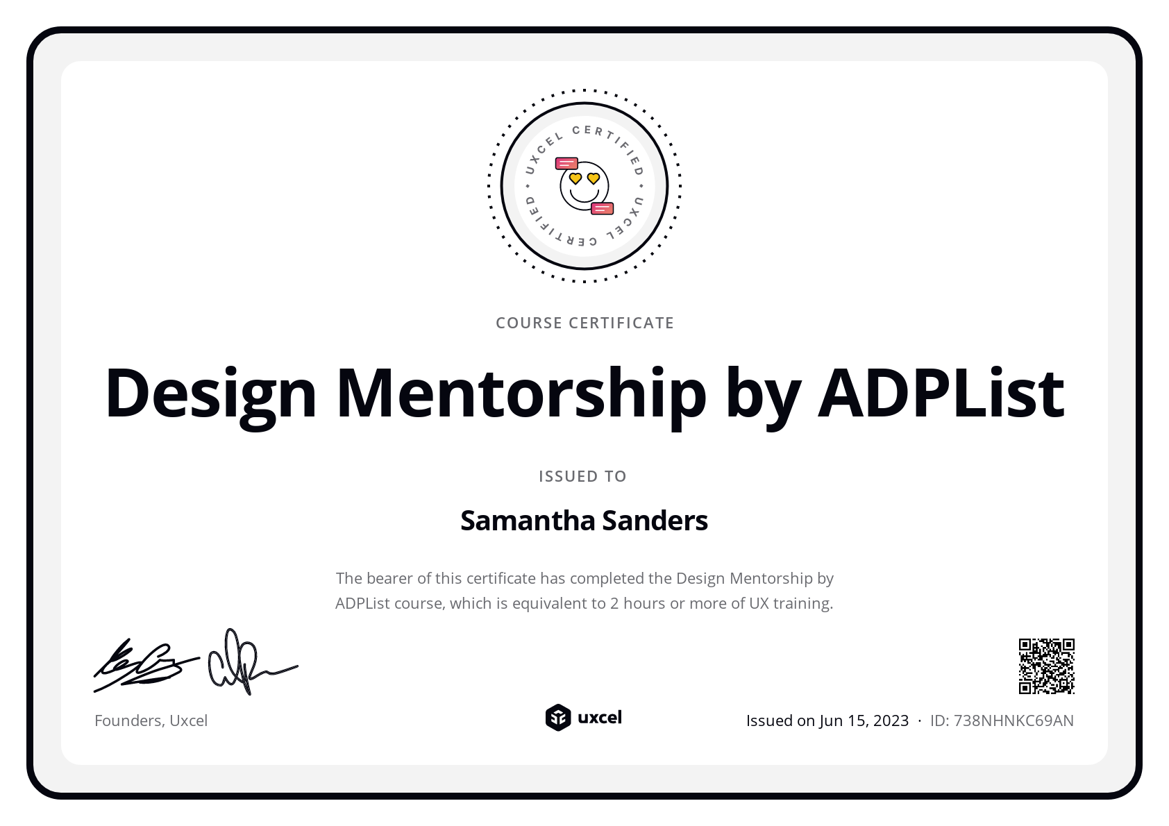 Samantha Sanders's certificate